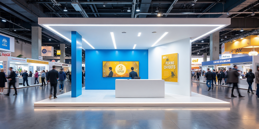 International logistics exhibition booth, modern exhibition hall, business professionals networking, global trade conference